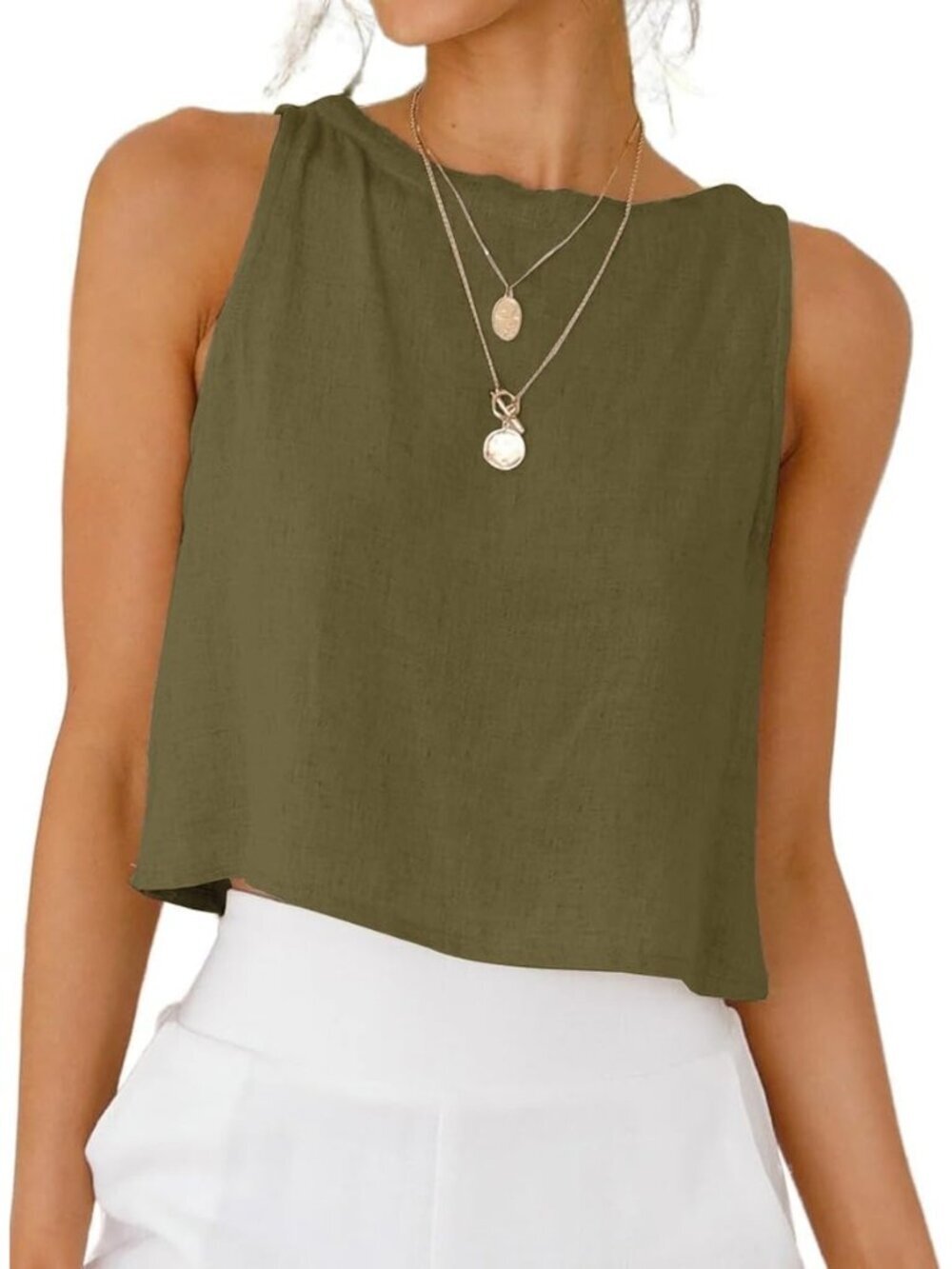 Women's Army Button Linen Summer Beach Sleeveless Imported Tank Top